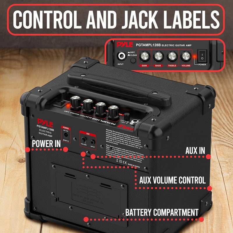 Pyle Portable Electric Guitar Amp - Battery or Wall Power Mini 10 Watt Mini Practice Instrument Amplifier w/ 5" High Definition Speaker, Headphone Out, Volume, Bass, Treble, Distortion, Gain Controls - Image 4